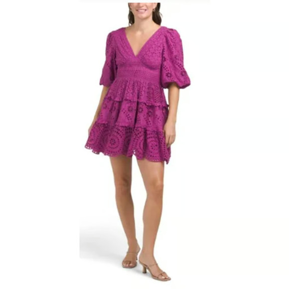 Cynthia Rowley Fit & Flare Mini Dress Women's 6 Purple Eyelet Embroidered NWT - Picture 2 of 11